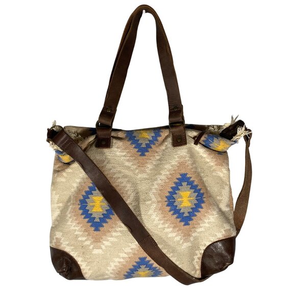 Free People large Cabana Tote Weekend Bag Purse Canvas Leather Navajo Tribal - Picture 1 of 16